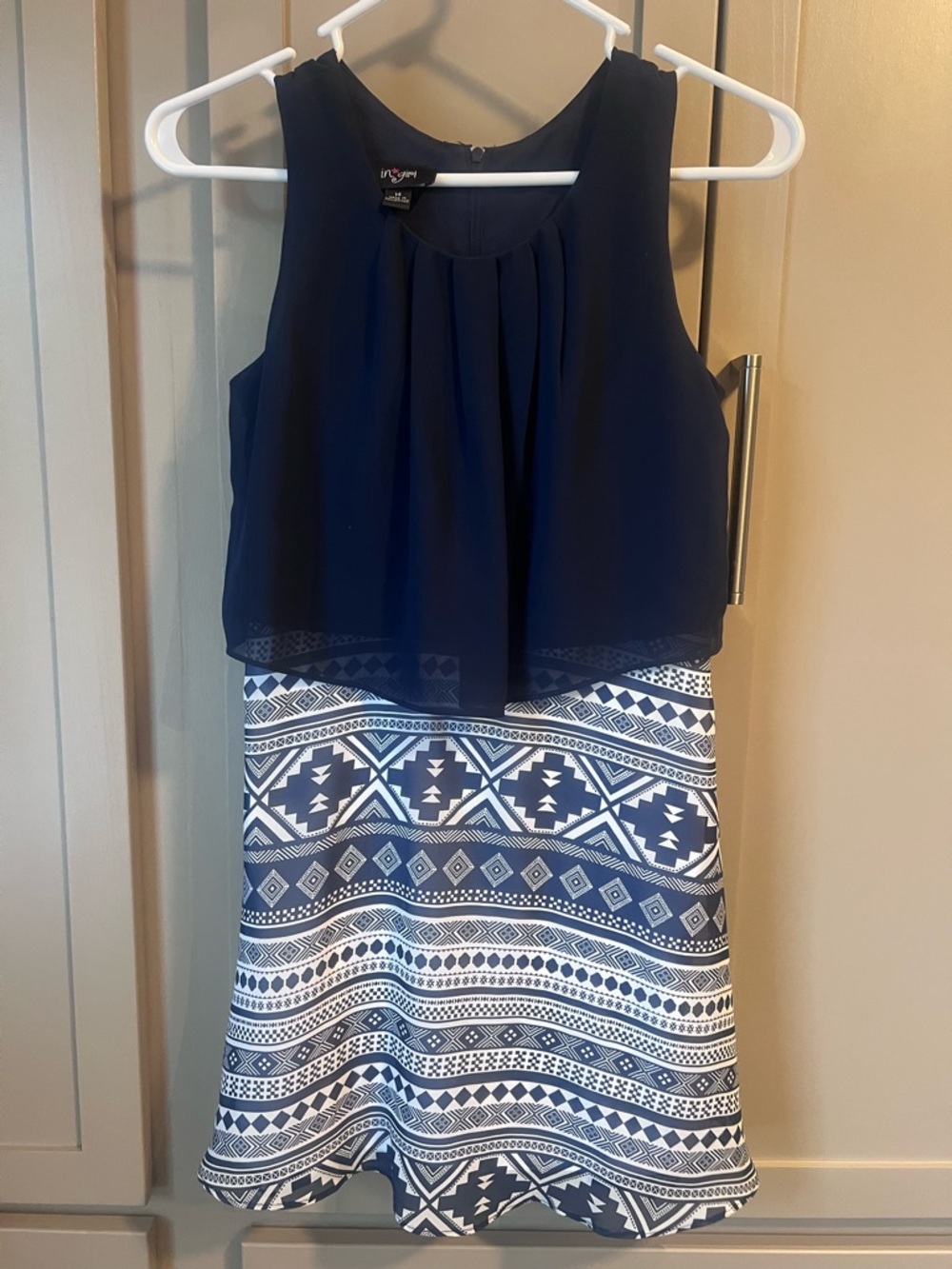 Girls Navy & White Patterned Overlay Dress - Size 14 - New Without Tags